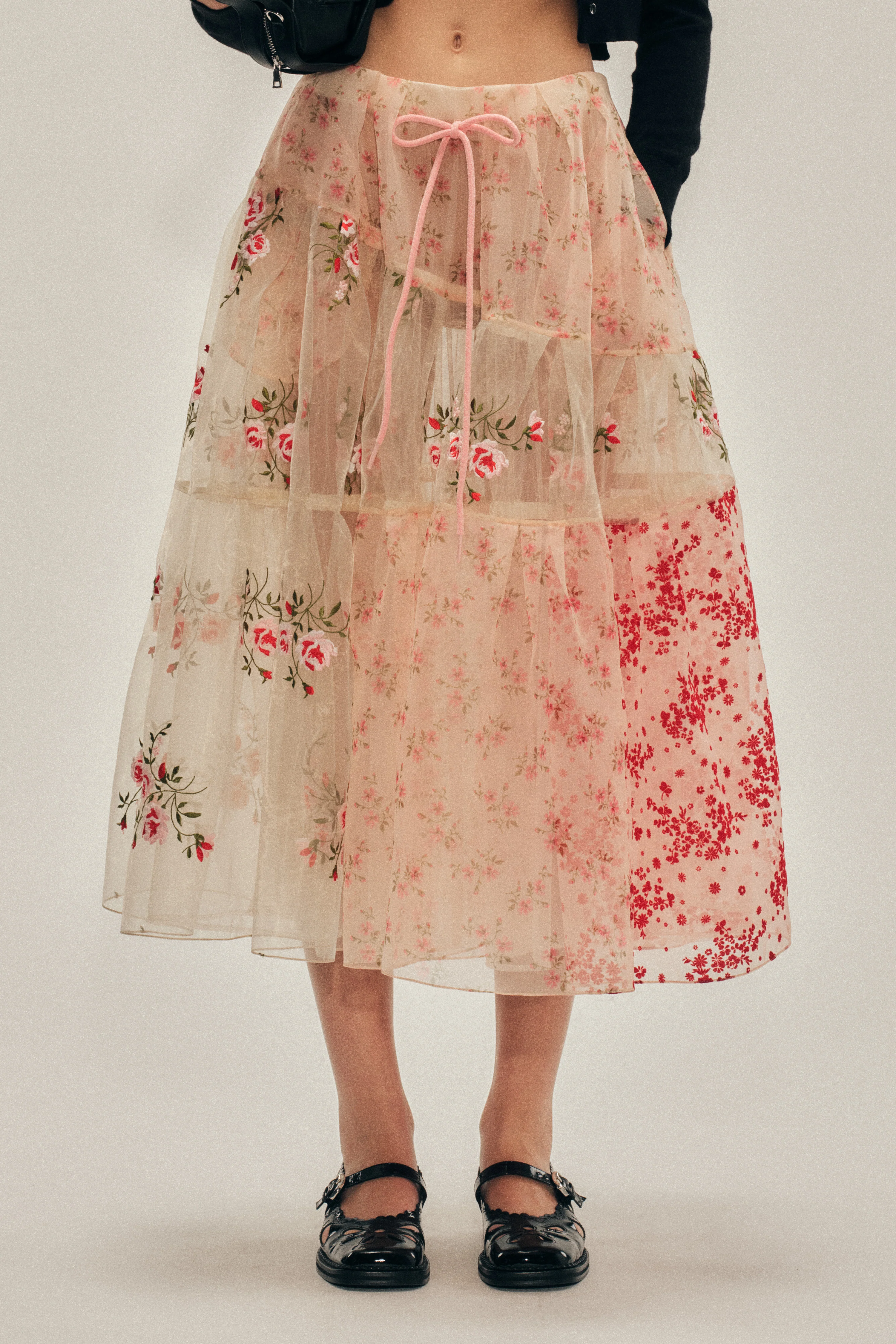 Sheer Overlay Long Patchwork Flounce Skirt - Image 4