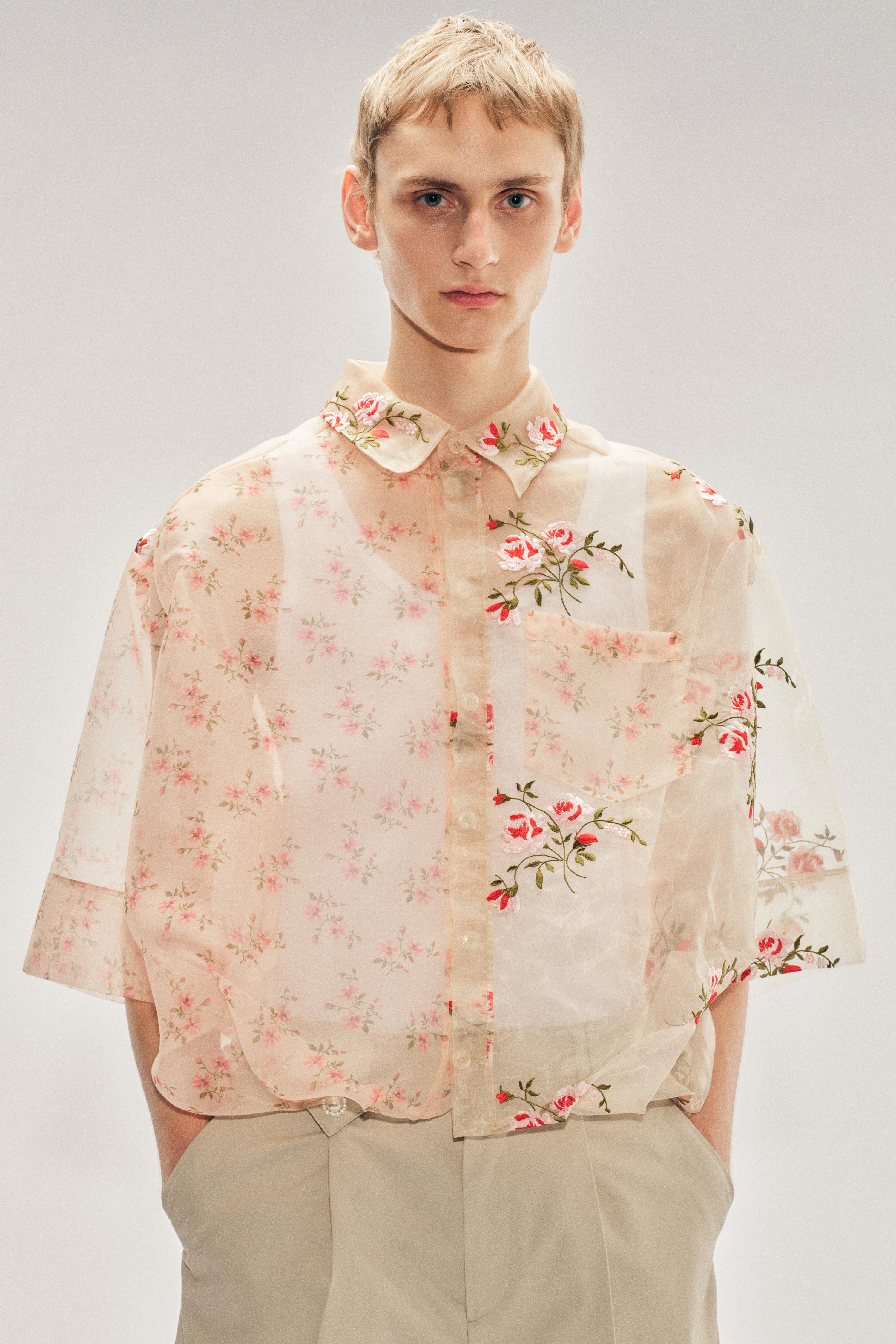 Sheer Patchwork Balloon Hem Shirt - Image 4