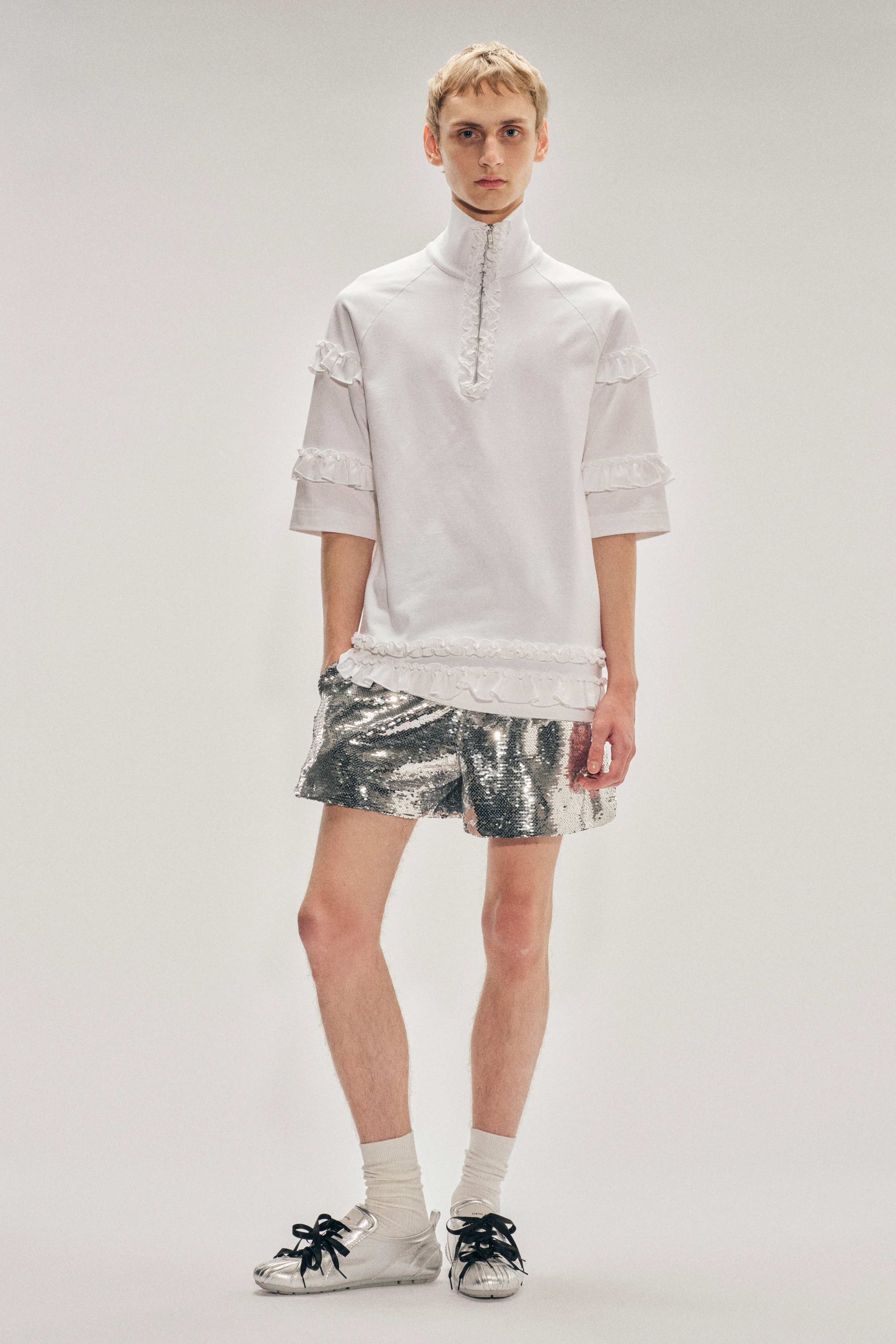 Mock Neck Ruffle Frill Zip T-Shirt - Image 3