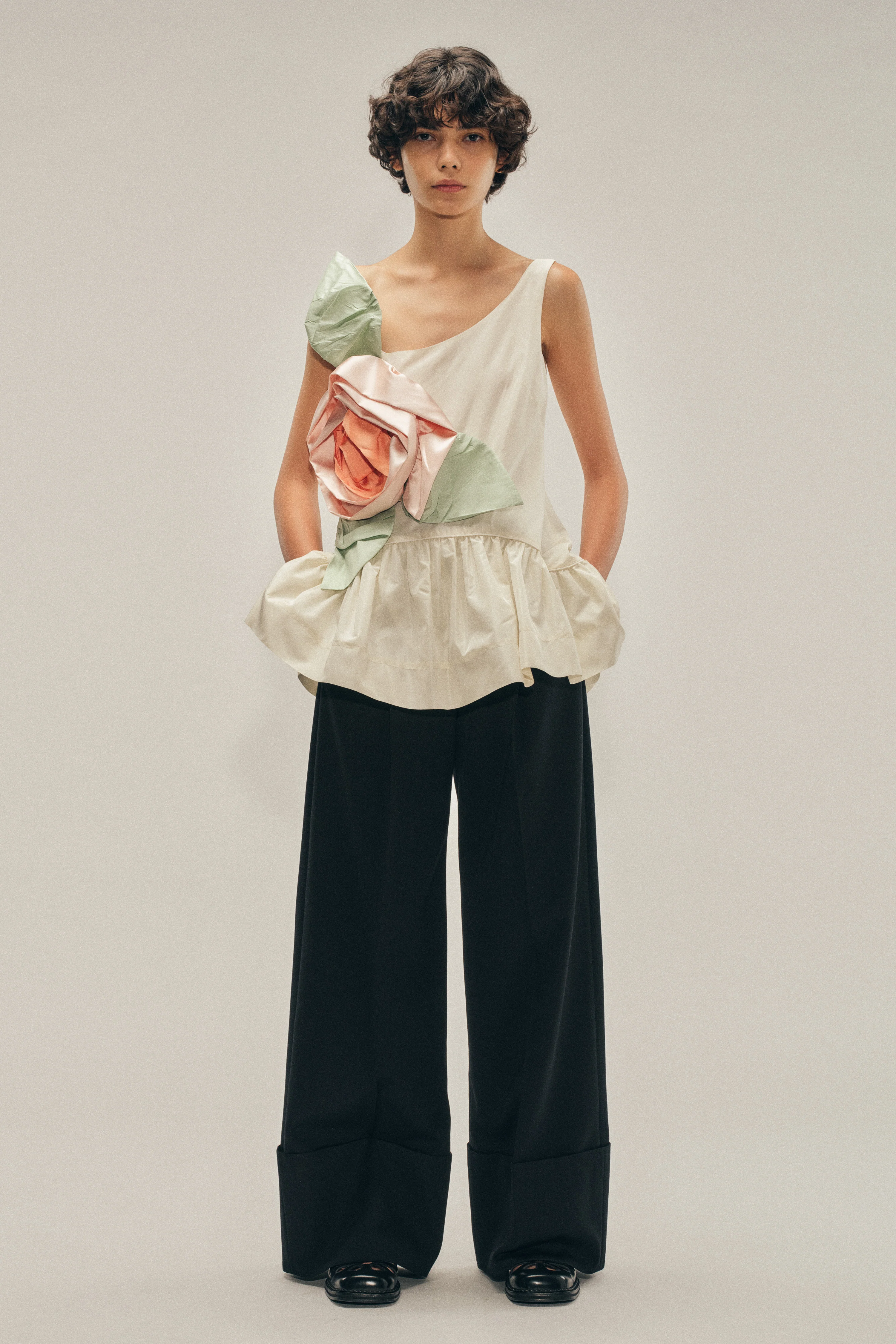 Pressed Rosette Tilted Neck Peplum Top - Image 2