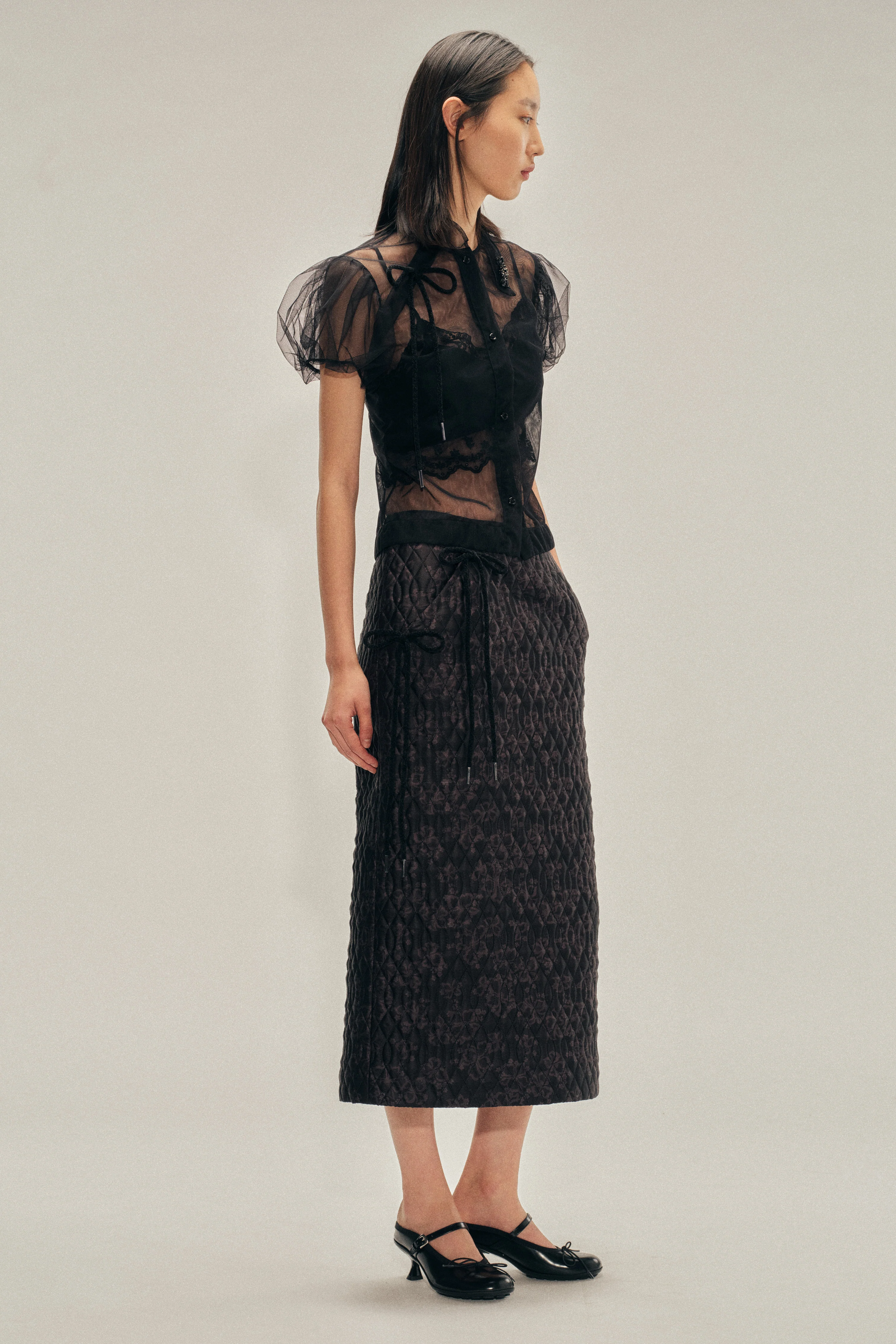 Embellished Sheer Offset Fragment Collar Puff Sleeve Shirt - Image 3