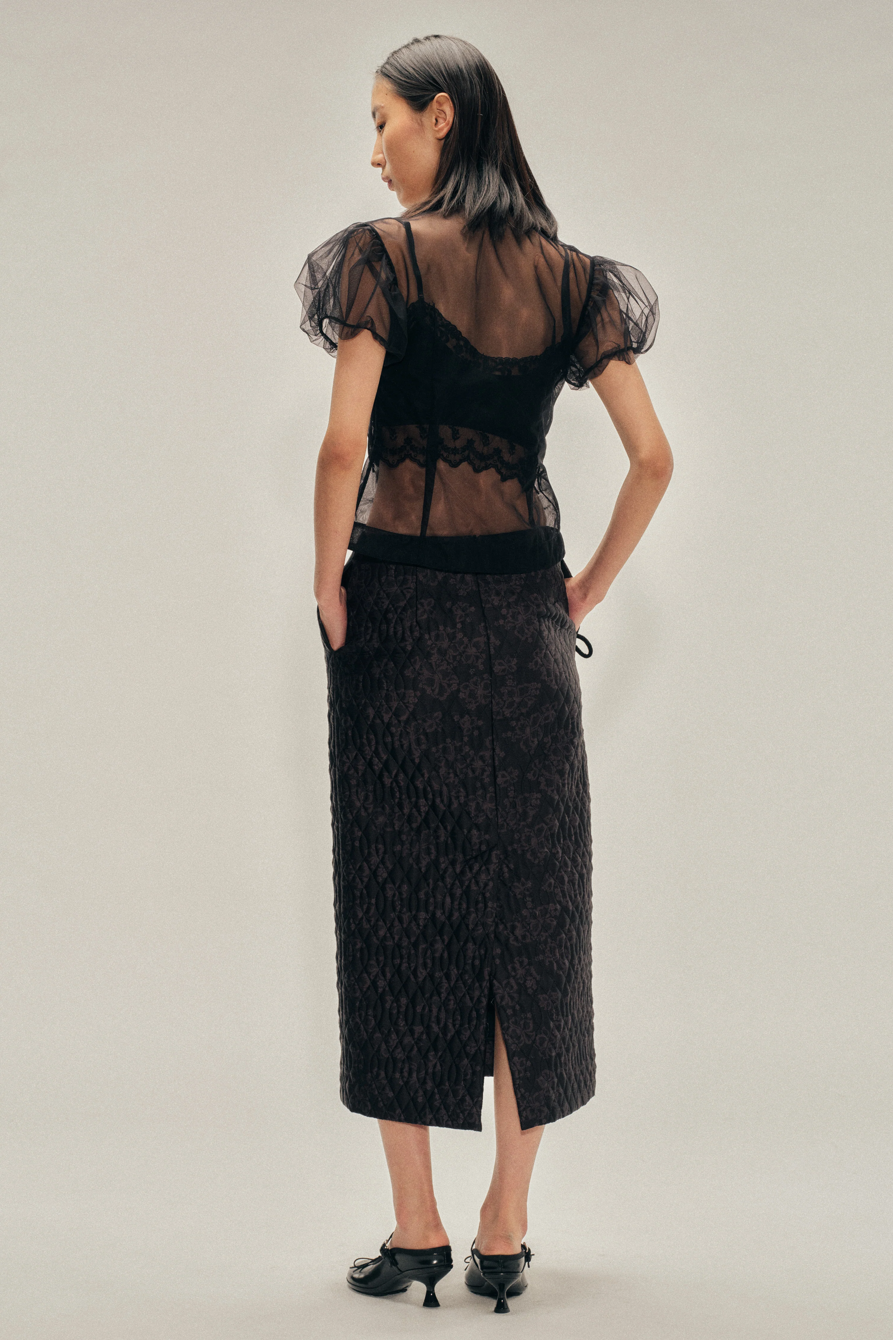 Embellished Sheer Offset Fragment Collar Puff Sleeve Shirt - Image 4