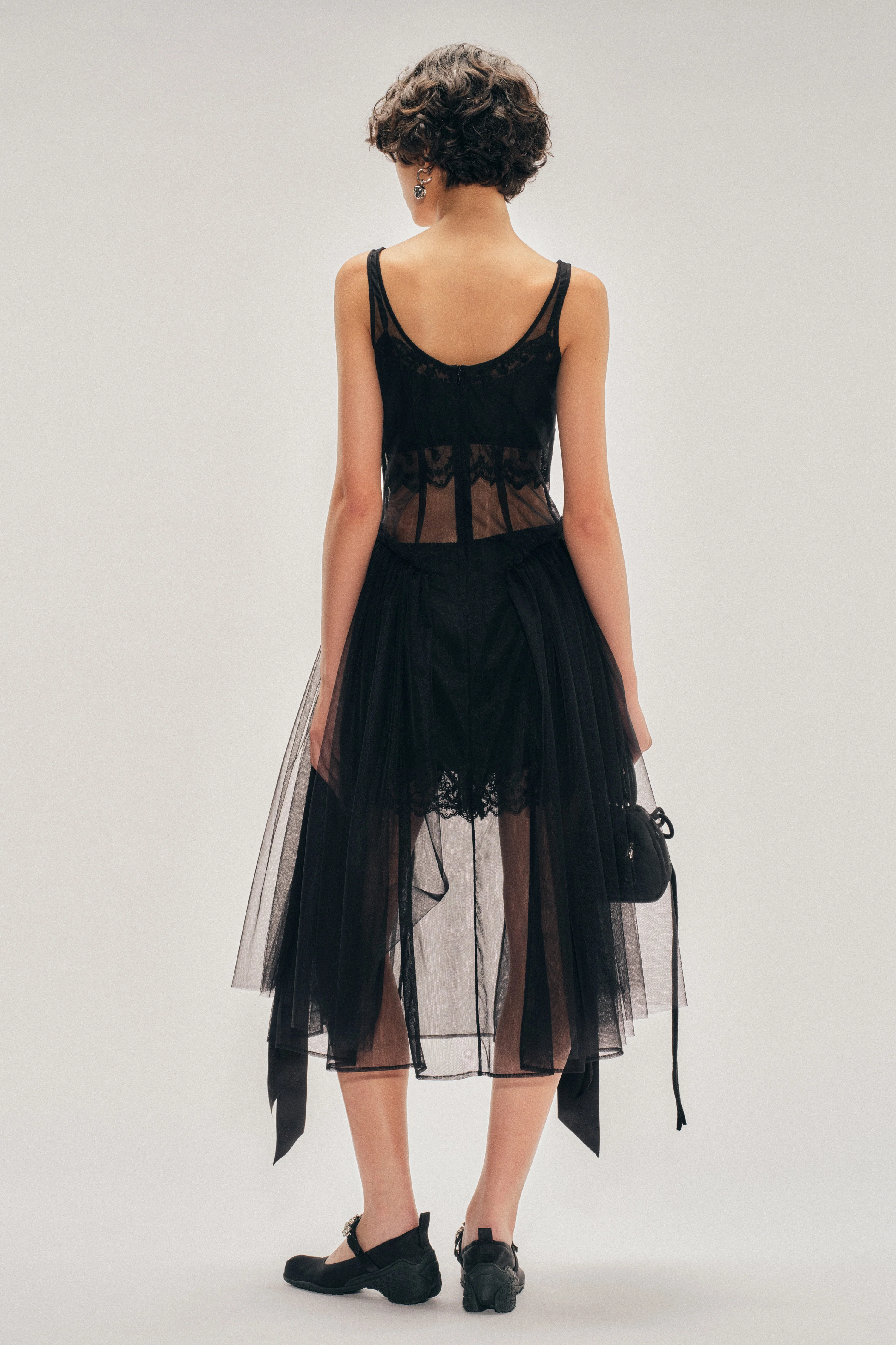 Sheer Sculpted Bow Sash Hip Detail Dress - Image 3